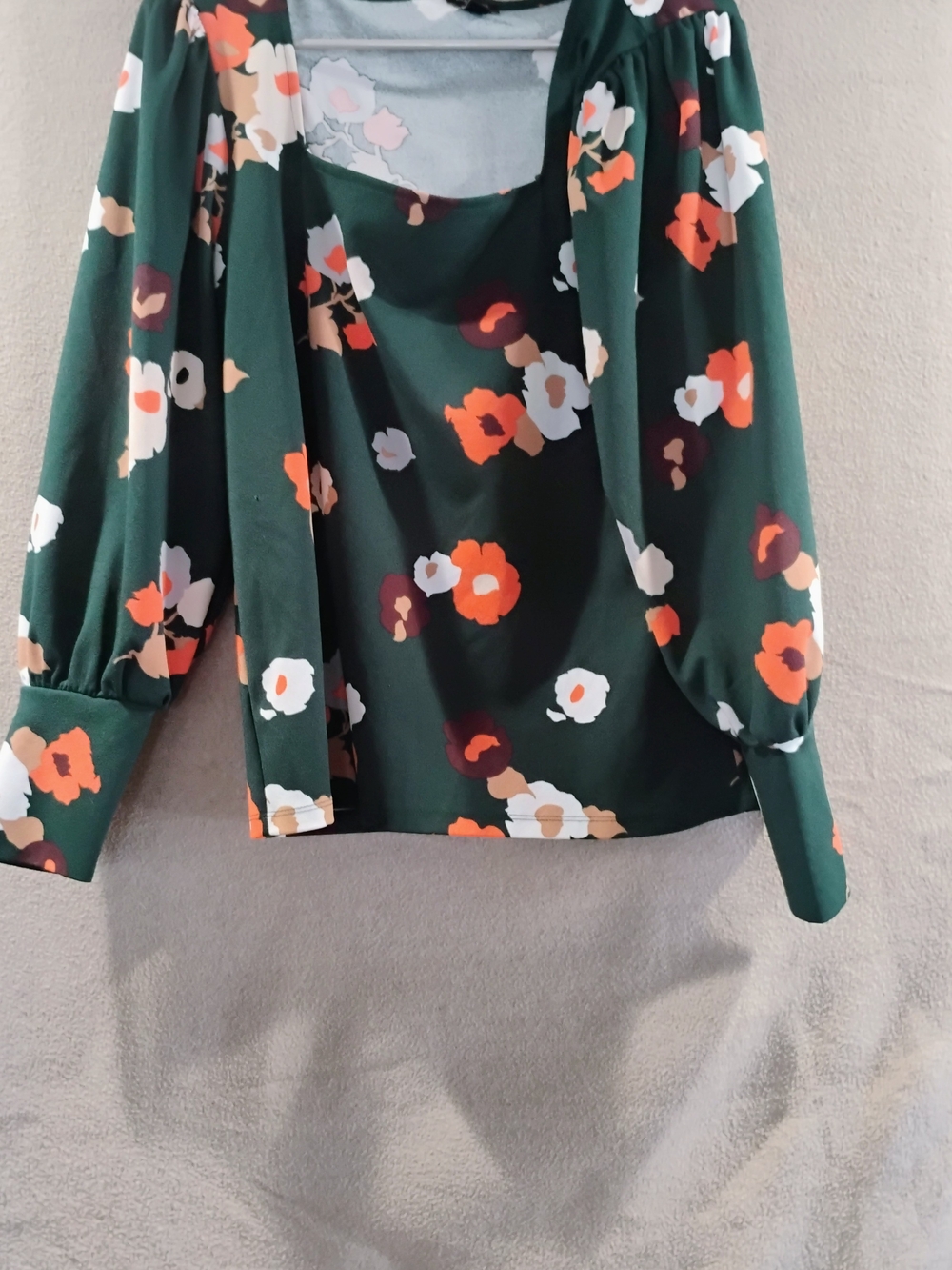 Ann Taylor Dark Green Floral Blouse with Orange, White, Cream Accents